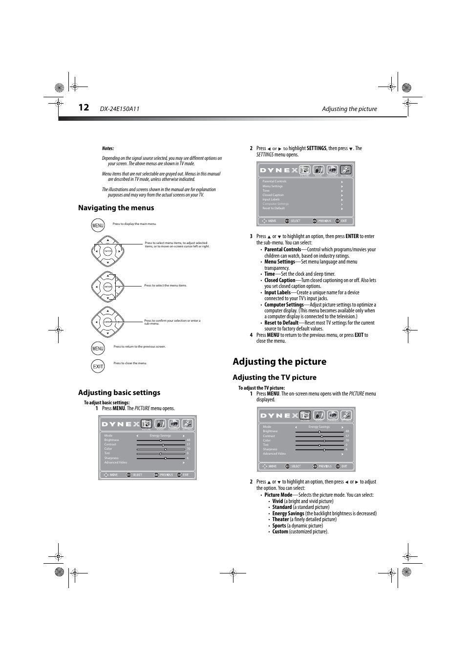 Navigating the menus, Adjusting basic settings, Adjusting the picture | Adjusting the tv picture, Navigating the menus adjusting basic settings, Adjusting the tv picture” on | Dynex DX-24E150A11 User Manual | Page 16 / 35