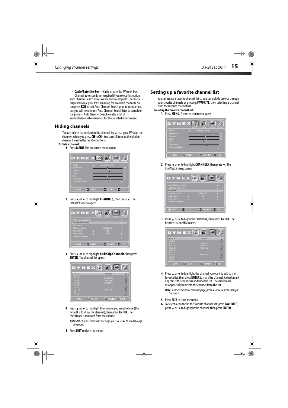 Hiding channels, Setting up a favorite channel list, Hiding channels setting up a favorite channel list | Changing channel settings, 5 press exit to close the menu | Dynex DX-24E150A11 User Manual | Page 19 / 35