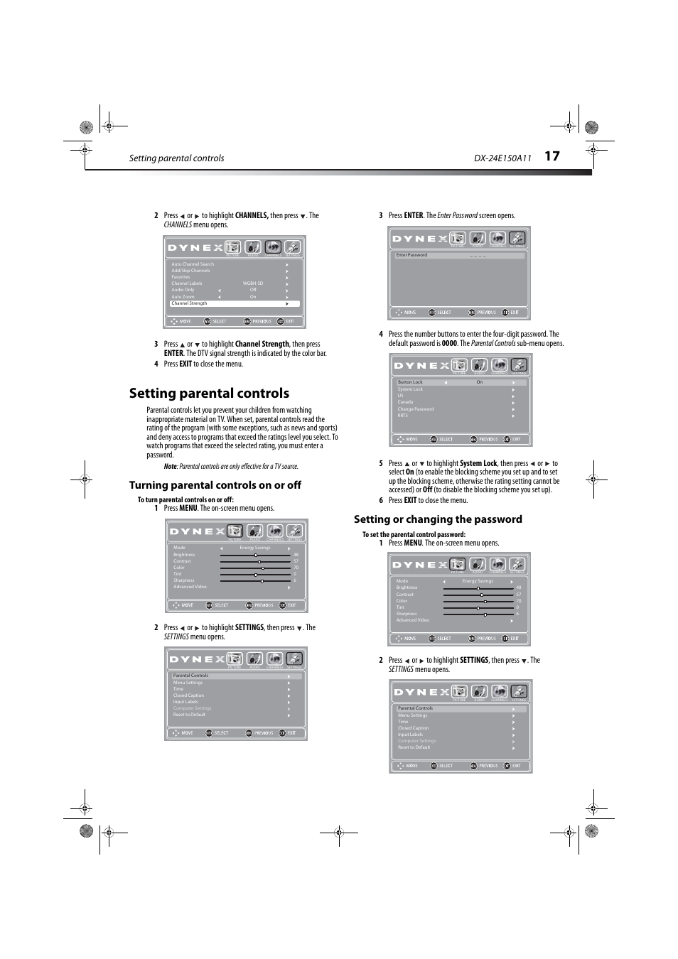 Setting parental controls, Turning parental controls on or off, Setting or changing the password | Dynex DX-24E150A11 User Manual | Page 21 / 35