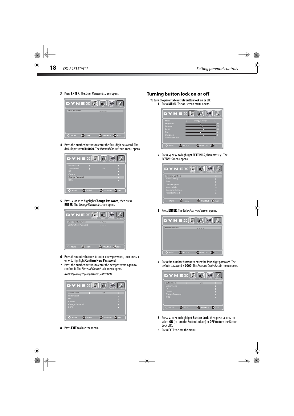 Turning button lock on or off, 8 press exit to close the menu | Dynex DX-24E150A11 User Manual | Page 22 / 35