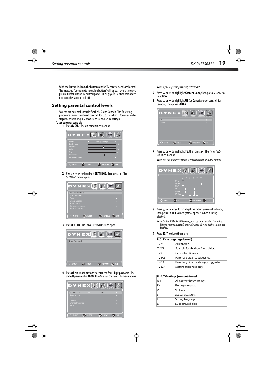 Setting parental control levels, Setting parental controls, 9 press exit to close the menu | Dynex DX-24E150A11 User Manual | Page 23 / 35