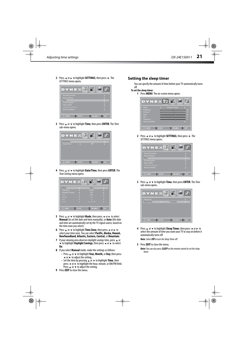 Setting the sleep timer, Adjusting time settings, 5 press exit to close the menu | Dynex DX-24E150A11 User Manual | Page 25 / 35