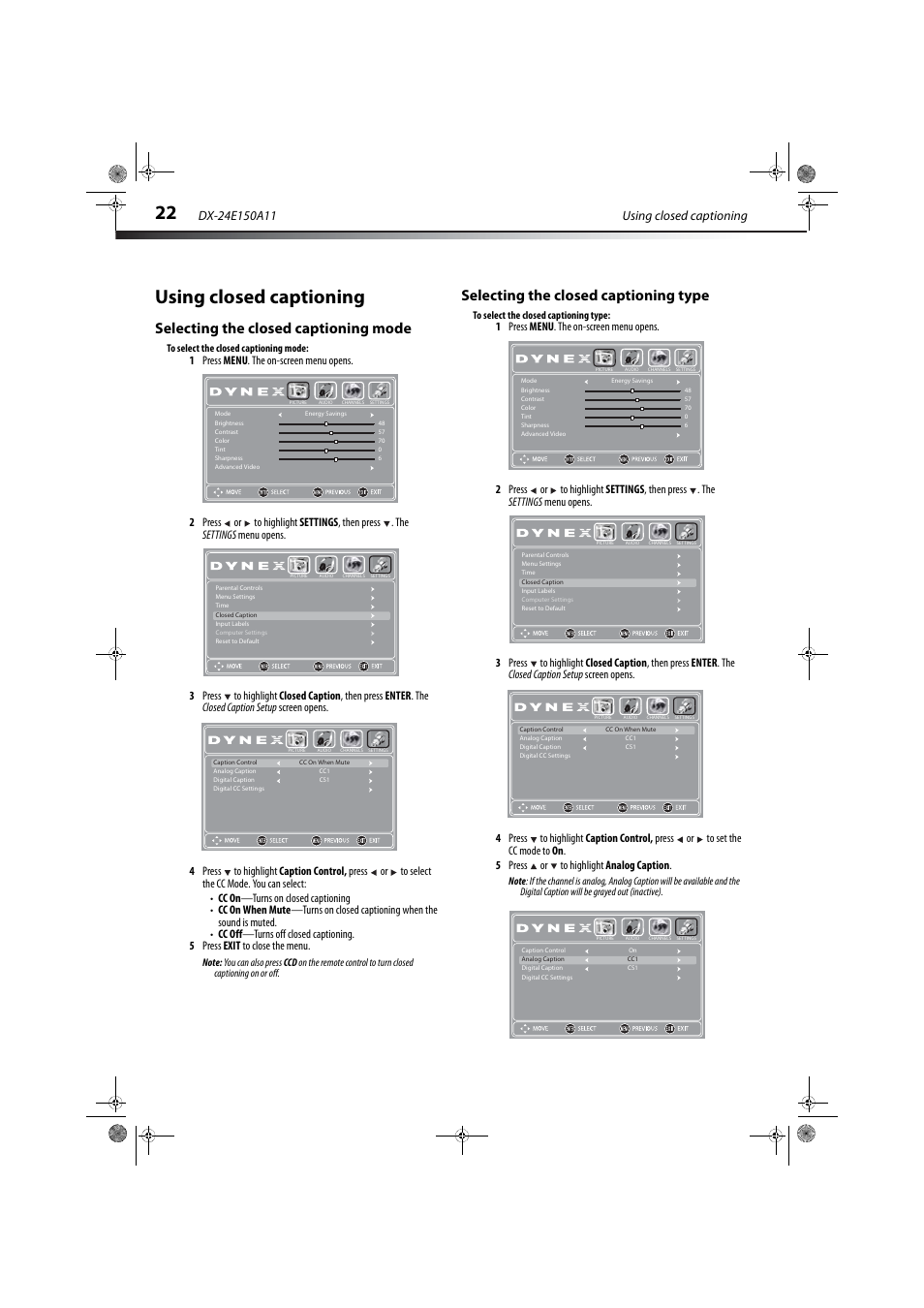 Using closed captioning, Selecting the closed captioning mode, Selecting the closed captioning type | E “selecting the closed captioning mode | Dynex DX-24E150A11 User Manual | Page 26 / 35