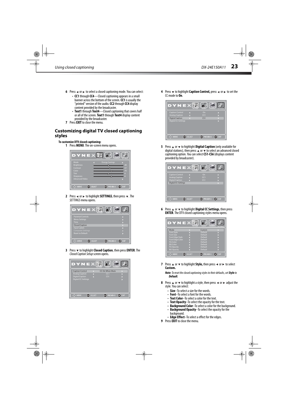 Customizing digital tv closed captioning styles, Using closed captioning | Dynex DX-24E150A11 User Manual | Page 27 / 35