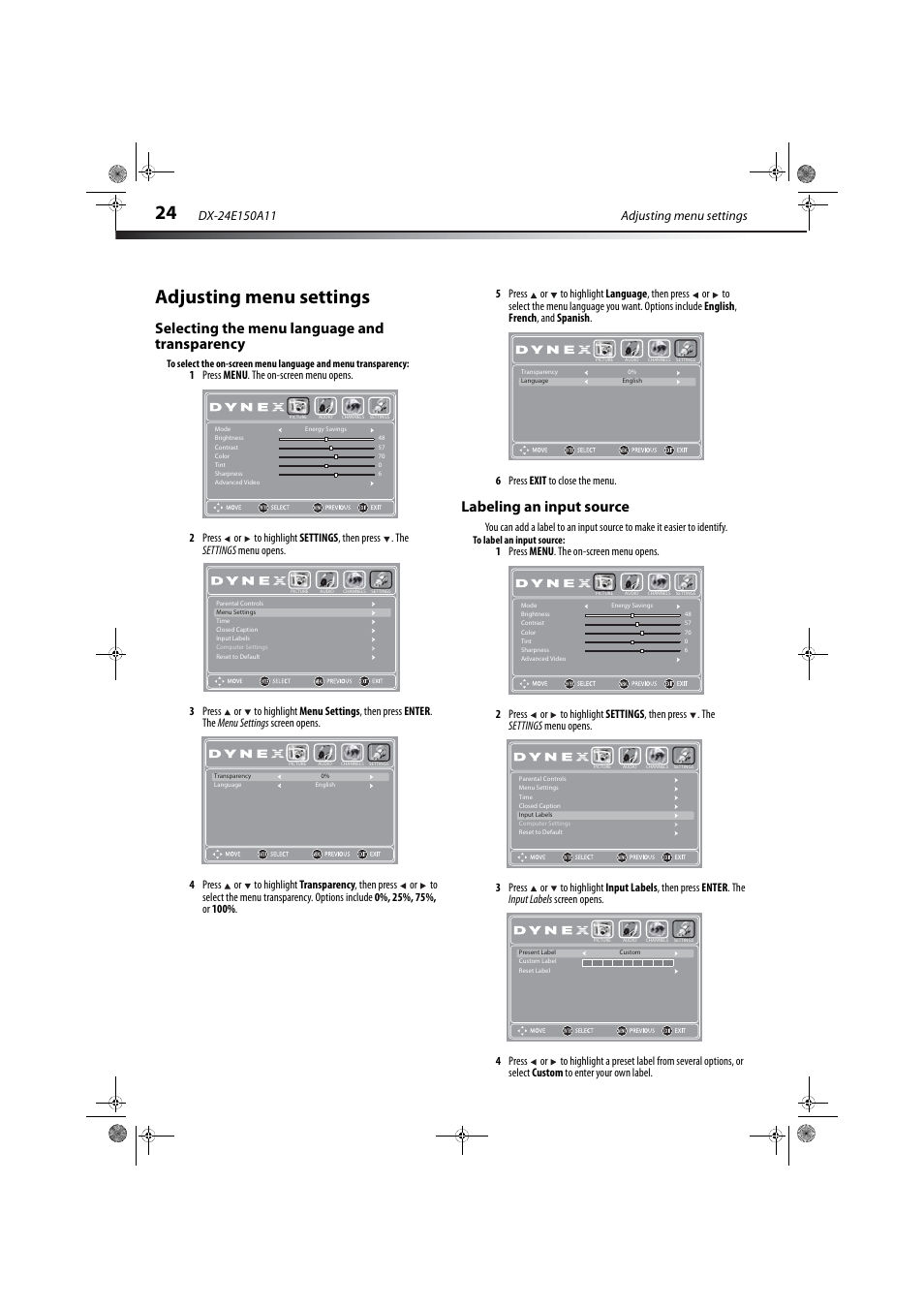 Adjusting menu settings, Selecting the menu language and transparency, Labeling an input source | Dynex DX-24E150A11 User Manual | Page 28 / 35