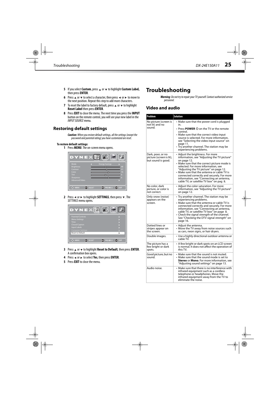 Restoring default settings, Troubleshooting, Video and audio | Dynex DX-24E150A11 User Manual | Page 29 / 35