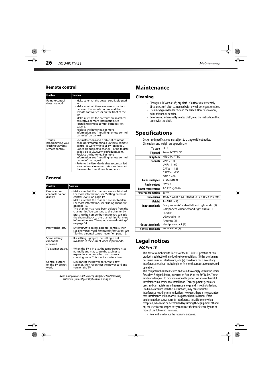 Remote control, General, Maintenance | Cleaning, Specifications, Legal notices, Fcc part 15, Remote control general | Dynex DX-24E150A11 User Manual | Page 30 / 35