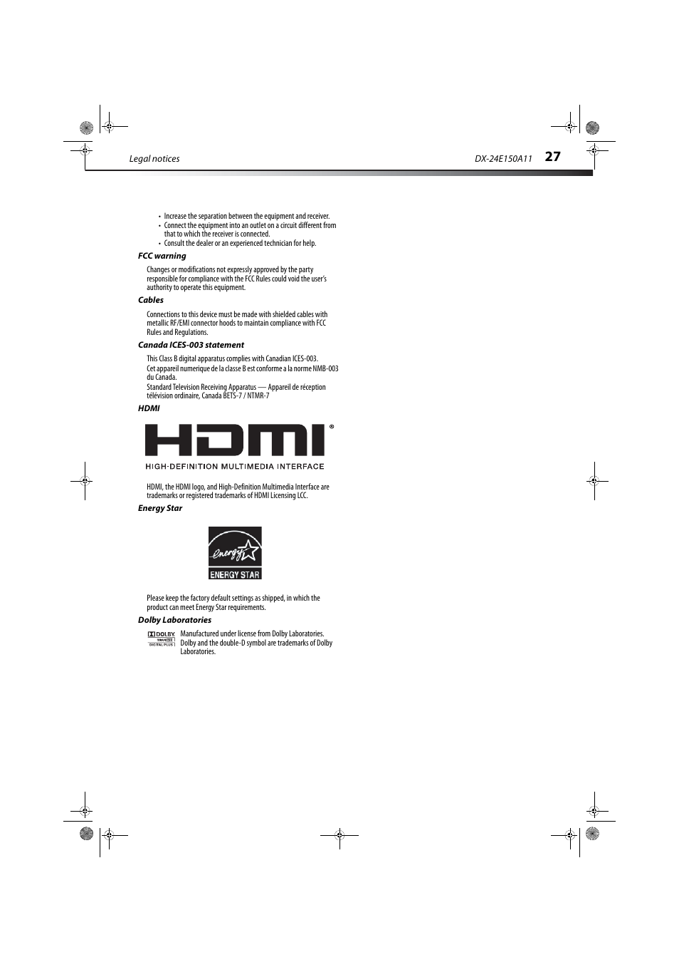 Fcc warning, Cables, Canada ices-003 statement | Hdmi, Energy star, Dolby laboratories | Dynex DX-24E150A11 User Manual | Page 31 / 35