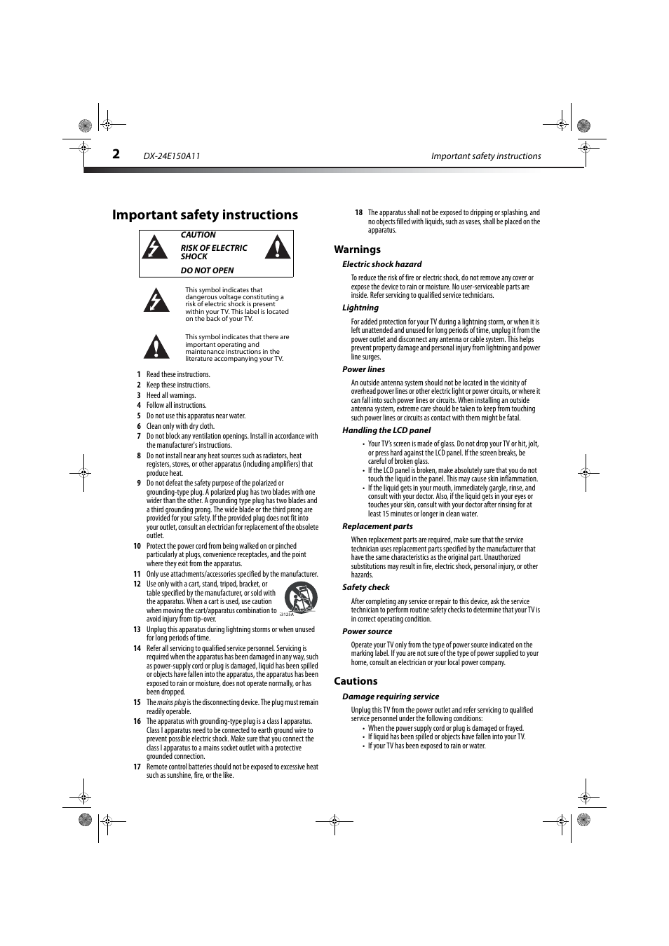 Important safety instructions, Caution, Risk of electric shock | Do not open, Warnings, Electric shock hazard, Lightning, Power lines, Handling the lcd panel, Replacement parts | Dynex DX-24E150A11 User Manual | Page 6 / 35