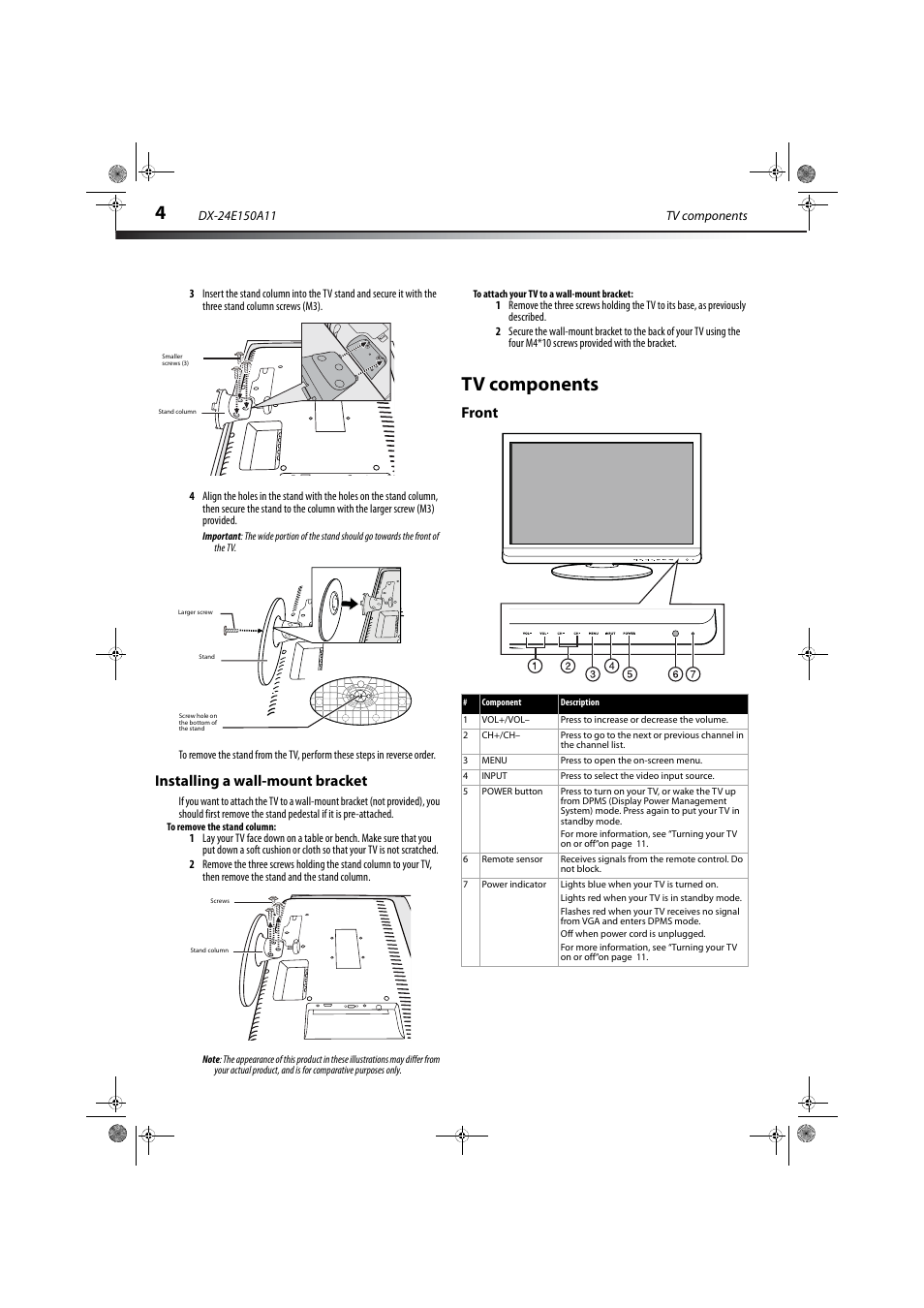 Installing a wall-mount bracket, Tv components, Front | Dynex DX-24E150A11 User Manual | Page 8 / 35
