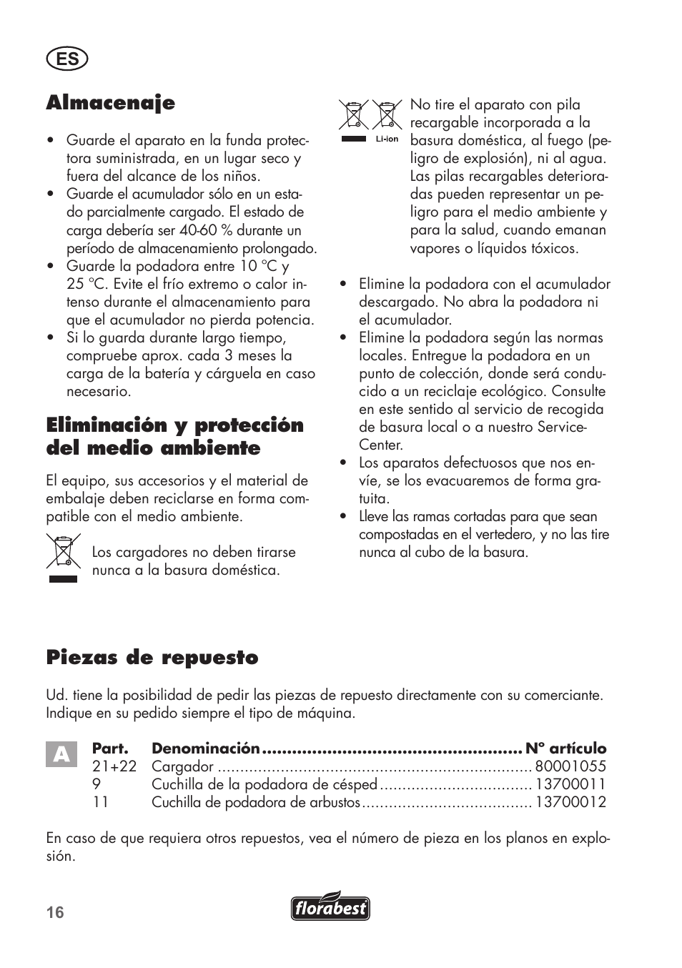 Almacenaje, Eliminación y protección del medio ambiente, Piezas de repuesto | Florabest FGS 72 A1 User Manual | Page 16 / 88