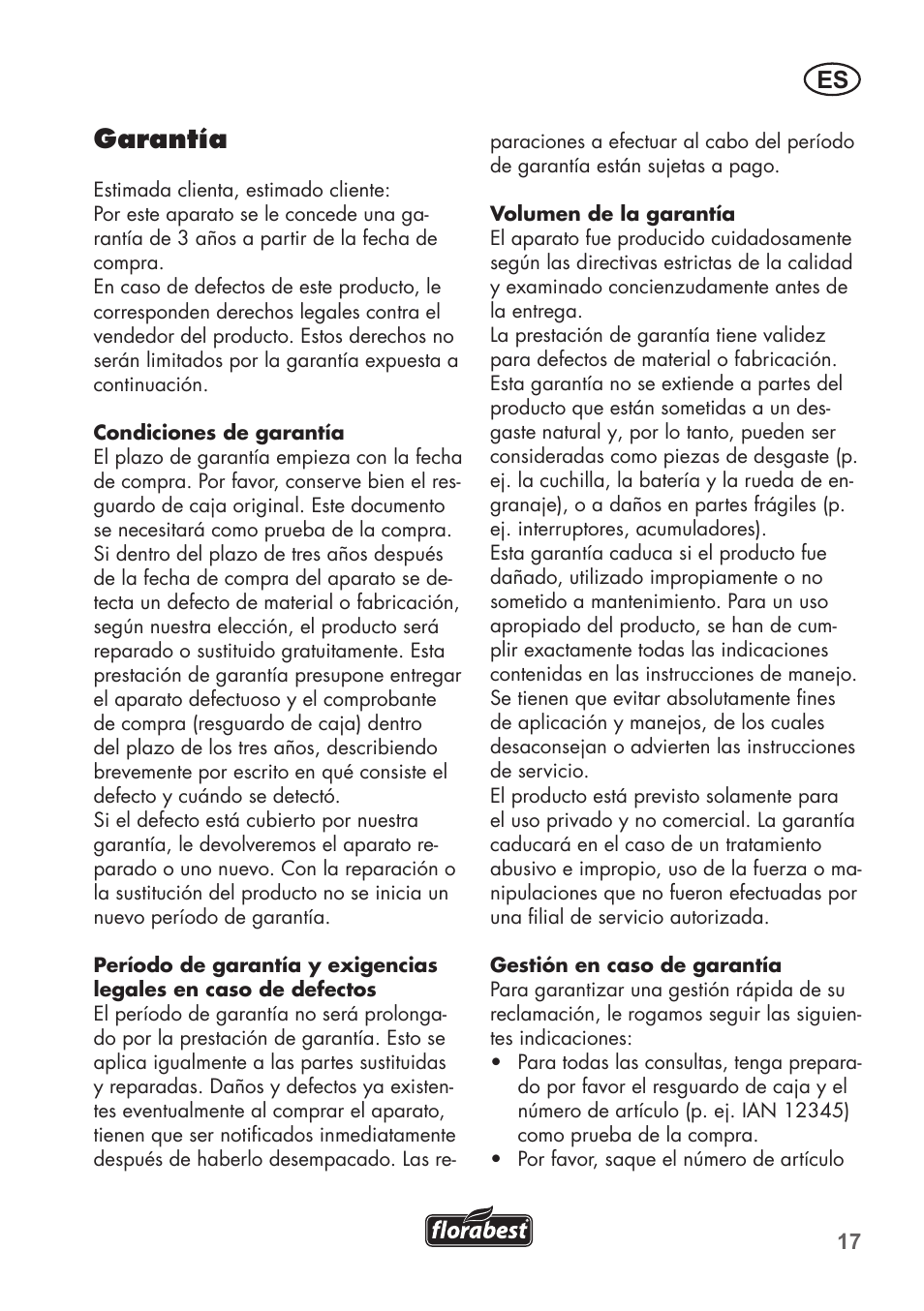 Garantía | Florabest FGS 72 A1 User Manual | Page 17 / 88