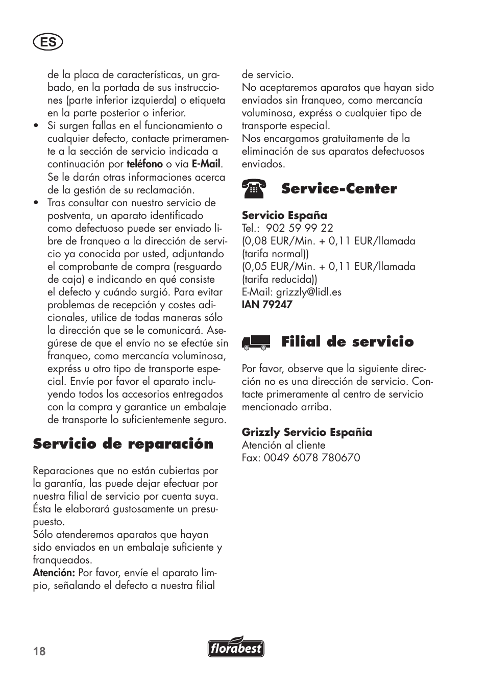 Servicio de reparación, Service-center, Filial de servicio | Florabest FGS 72 A1 User Manual | Page 18 / 88