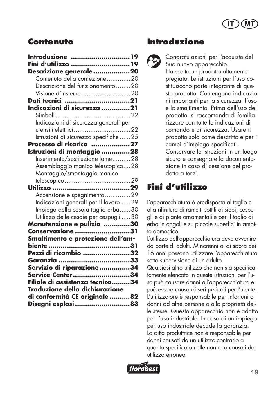 Introduzione, Fini d’utilizzo, Contenuto | It mt | Florabest FGS 72 A1 User Manual | Page 19 / 88