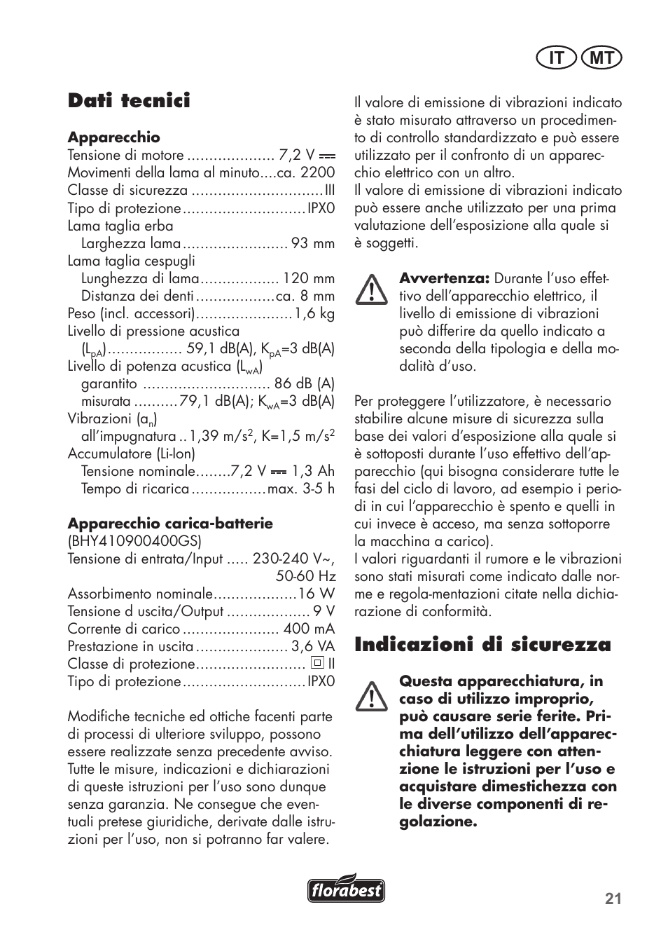 Dati tecnici, Indicazioni di sicurezza, It mt | Florabest FGS 72 A1 User Manual | Page 21 / 88