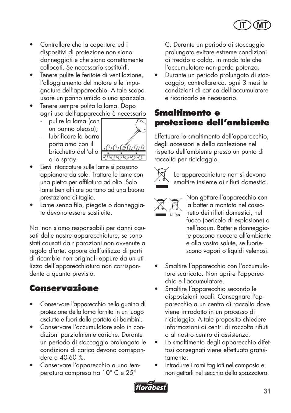 Conservazione, Smaltimento e protezione dell’ambiente, It mt | Florabest FGS 72 A1 User Manual | Page 31 / 88