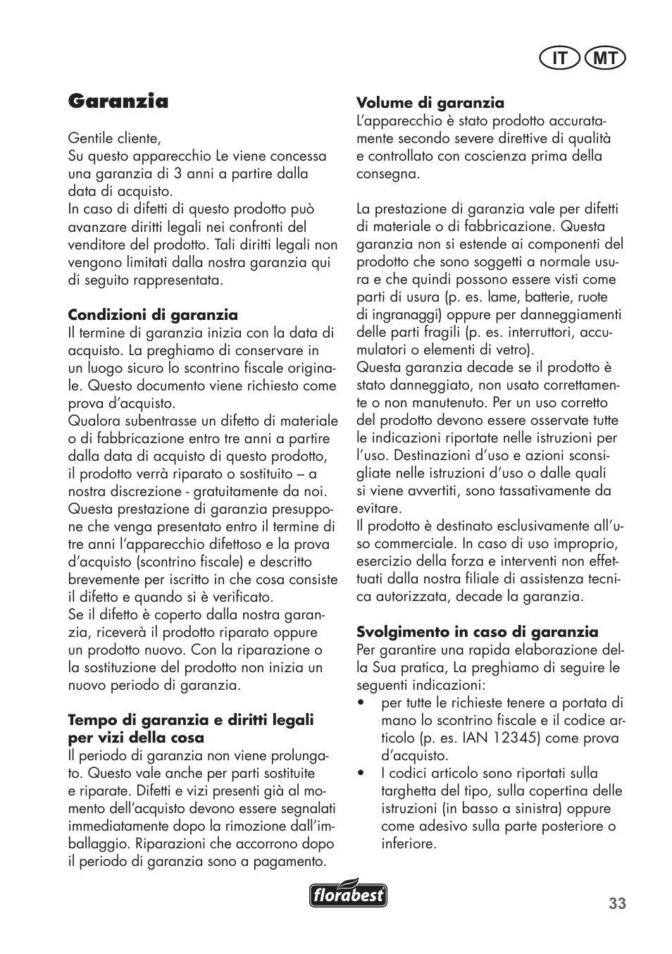 Garanzia, It mt | Florabest FGS 72 A1 User Manual | Page 33 / 88