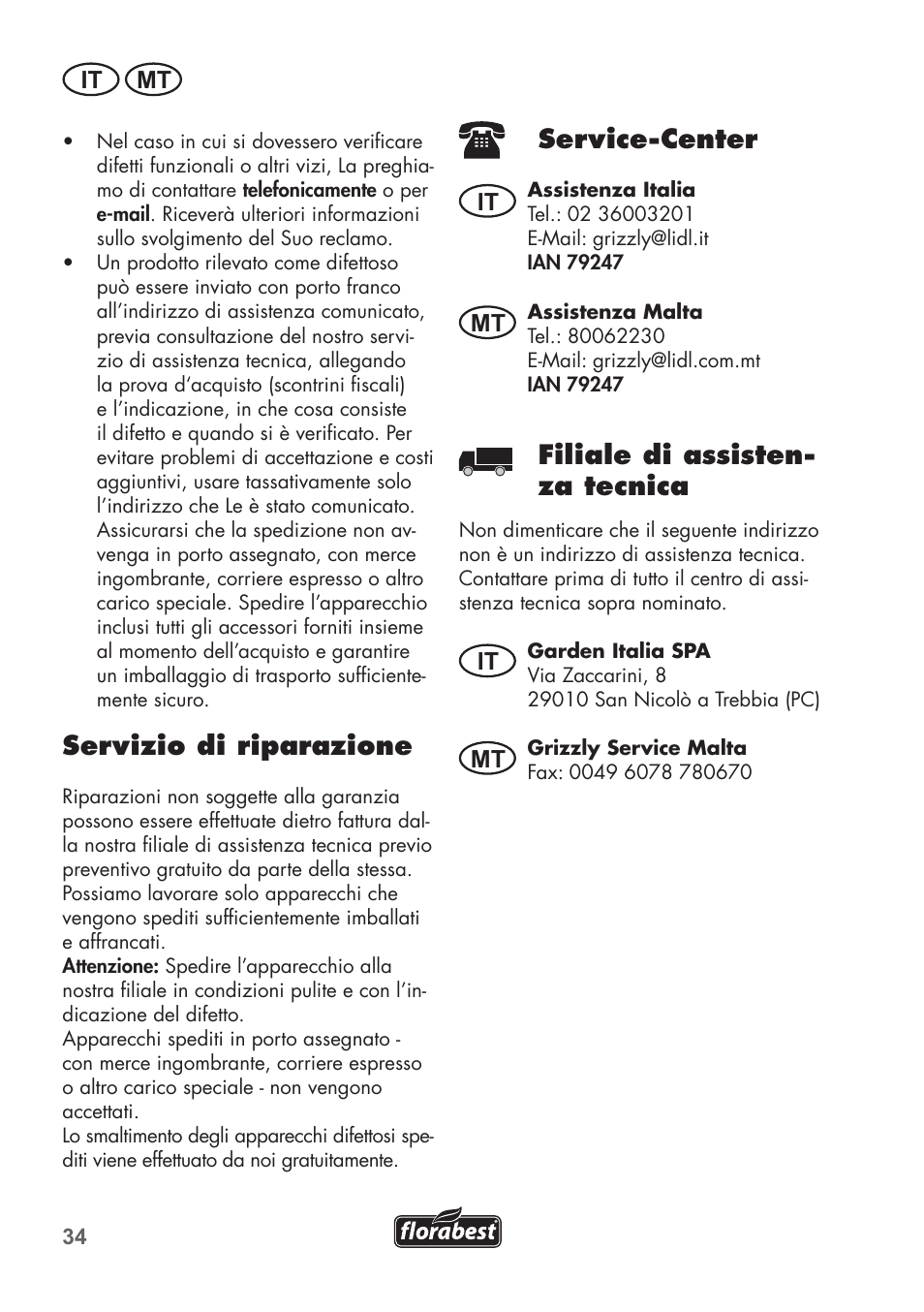 Servizio di riparazione, Service-center, Filiale di assisten- za tecnica | It mt, It mt it mt | Florabest FGS 72 A1 User Manual | Page 34 / 88