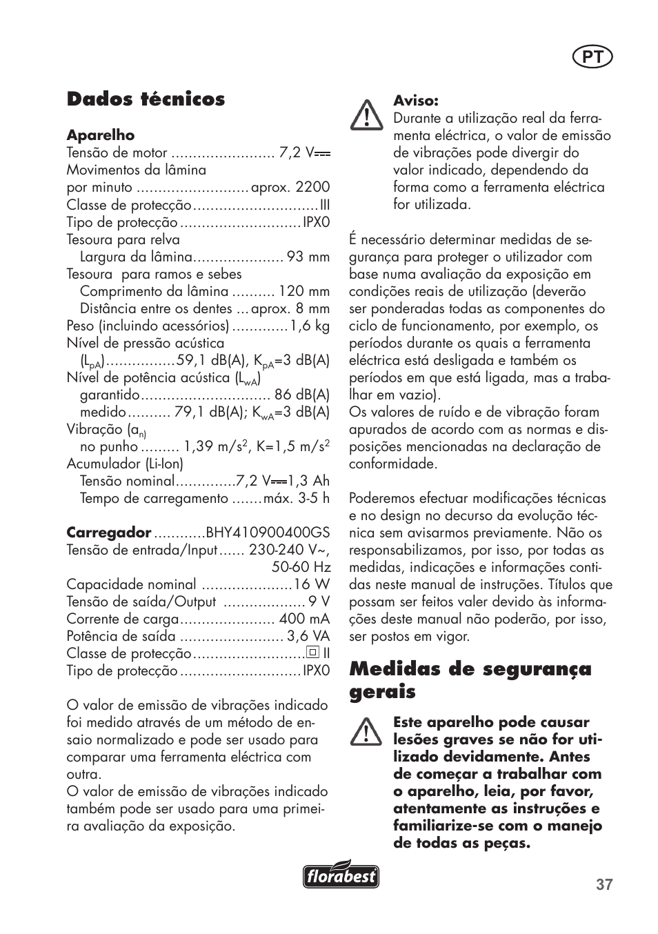 Dados técnicos, Medidas de segurança gerais | Florabest FGS 72 A1 User Manual | Page 37 / 88