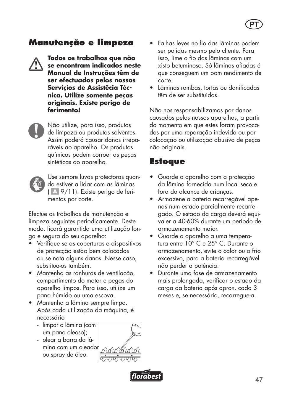 Manutenção e limpeza, Estoque | Florabest FGS 72 A1 User Manual | Page 47 / 88