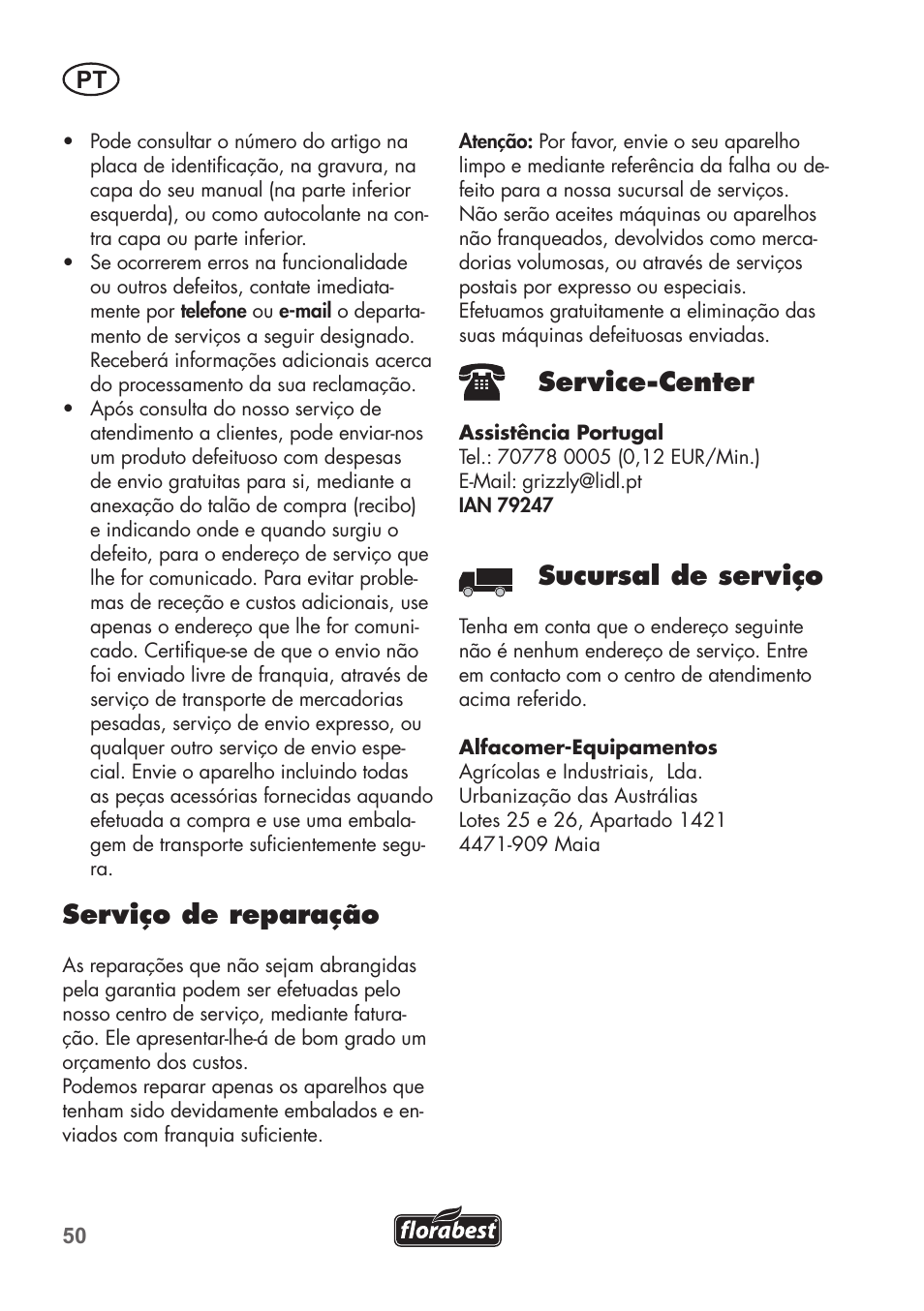 Serviço de reparação, Service-center, Sucursal de serviço | Florabest FGS 72 A1 User Manual | Page 50 / 88