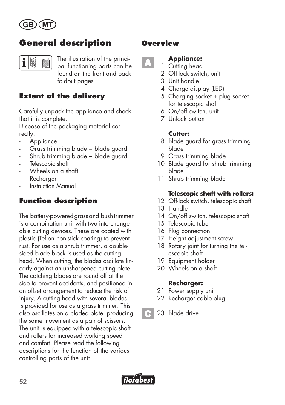 General description, Gb mt | Florabest FGS 72 A1 User Manual | Page 52 / 88