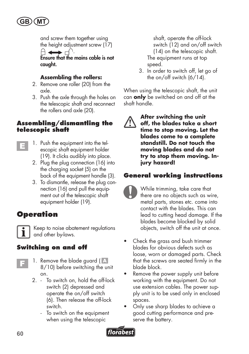 Operation, Gb mt | Florabest FGS 72 A1 User Manual | Page 60 / 88