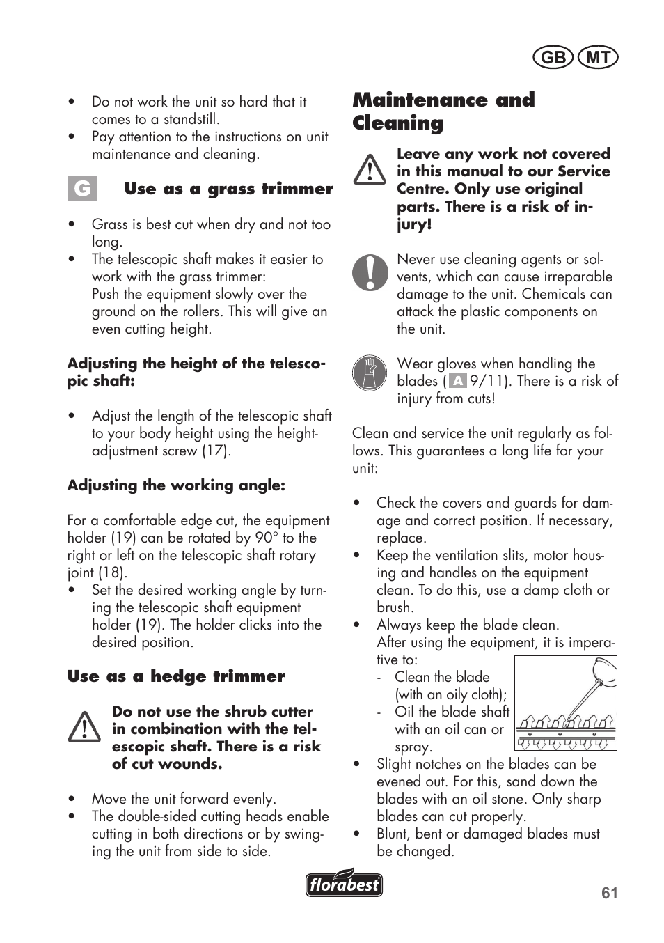 Maintenance and cleaning, Mt gb | Florabest FGS 72 A1 User Manual | Page 61 / 88