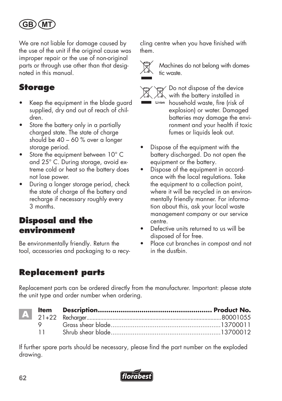 Storage, Disposal and the environment, Replacement parts | Gb mt | Florabest FGS 72 A1 User Manual | Page 62 / 88