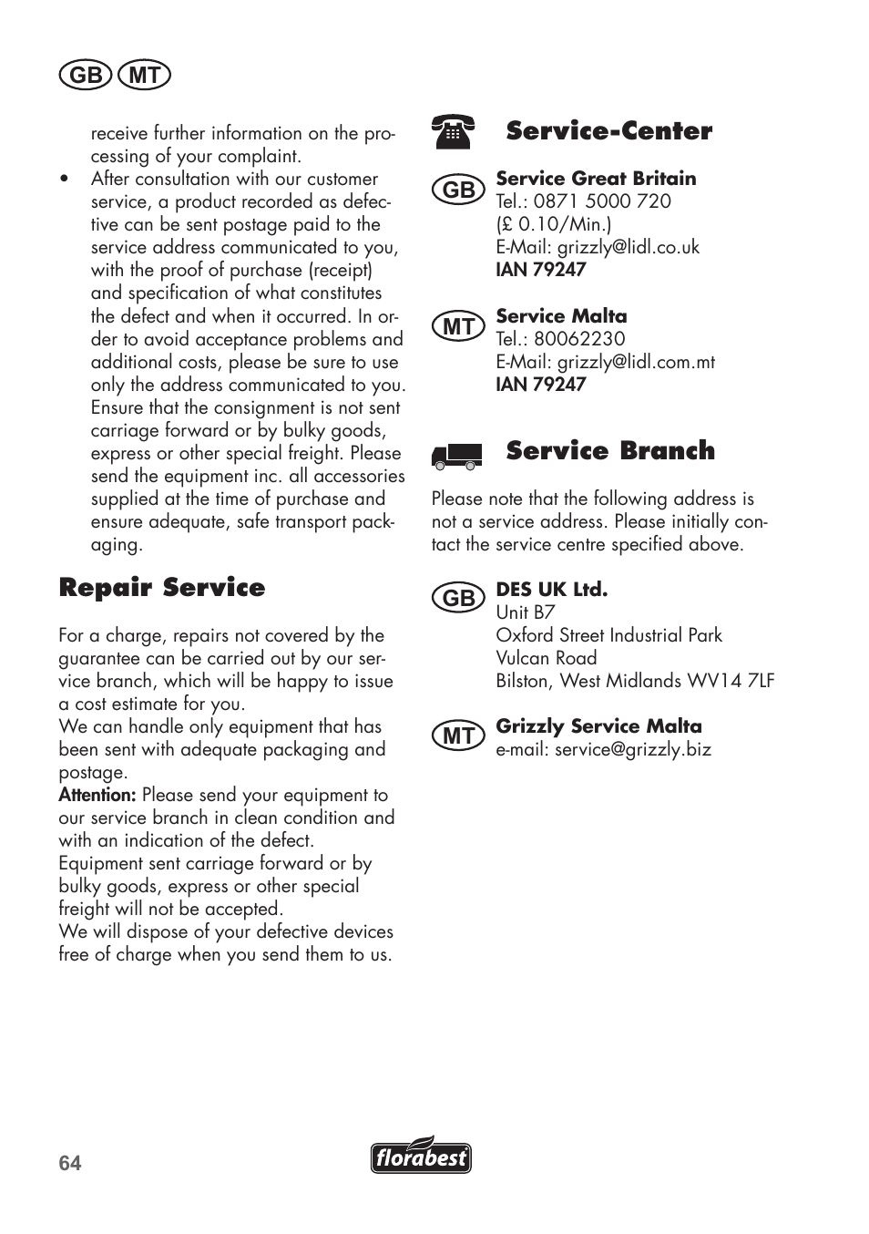 Repair service, Service-center, Service branch | Gb mt, Gb mt mt | Florabest FGS 72 A1 User Manual | Page 64 / 88