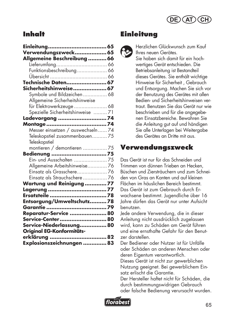 Einleitung, Verwendungszweck, Inhalt | De at ch | Florabest FGS 72 A1 User Manual | Page 65 / 88