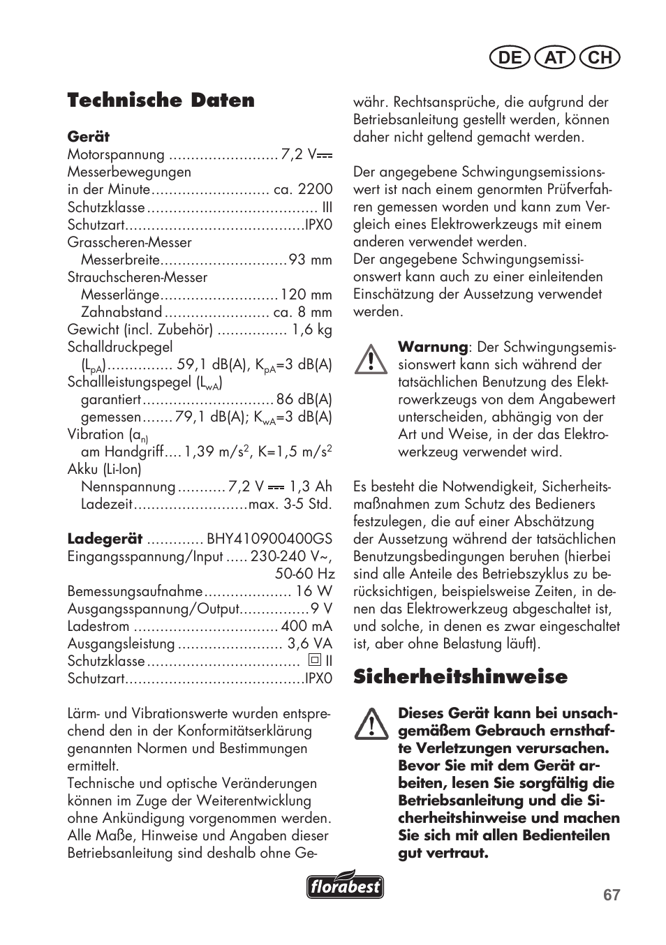 Technische daten, Sicherheitshinweise, De at ch | Florabest FGS 72 A1 User Manual | Page 67 / 88