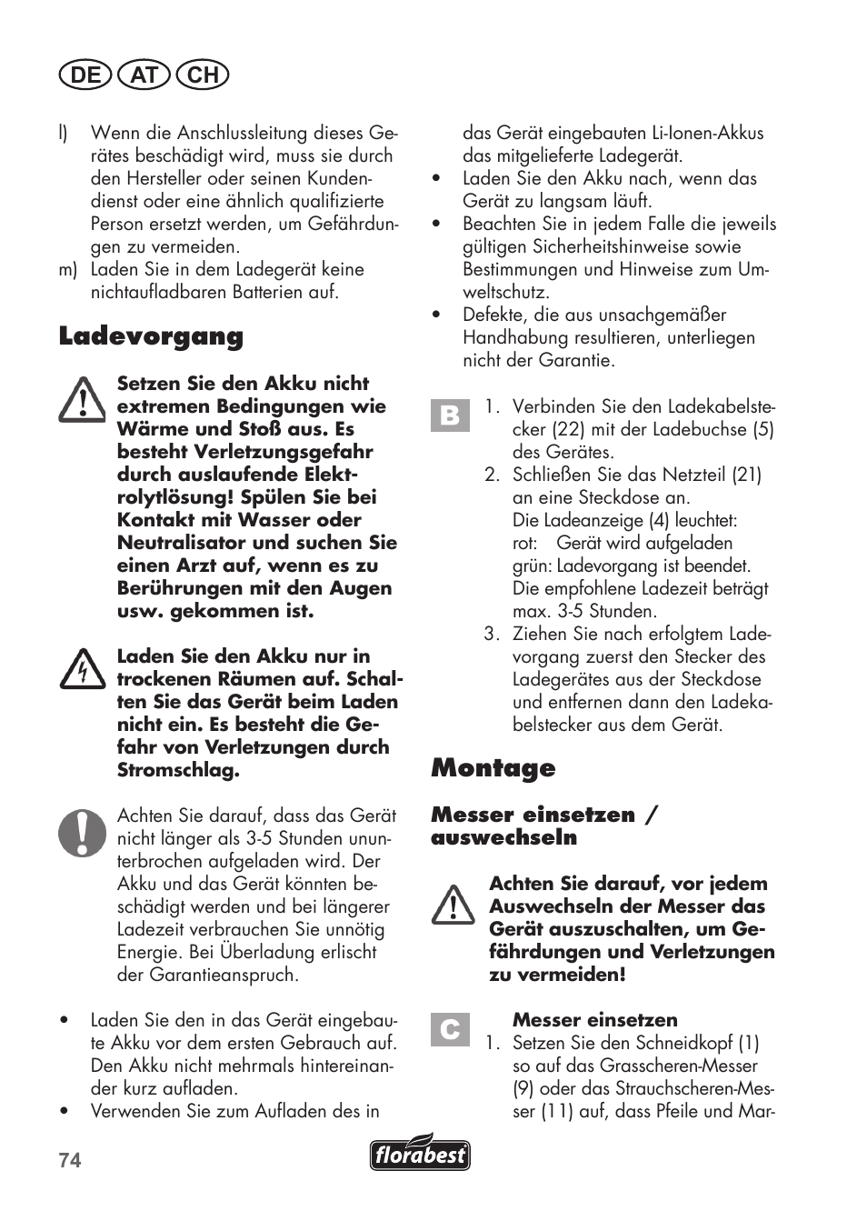 Ladevorgang, Montage, De at ch | Florabest FGS 72 A1 User Manual | Page 74 / 88