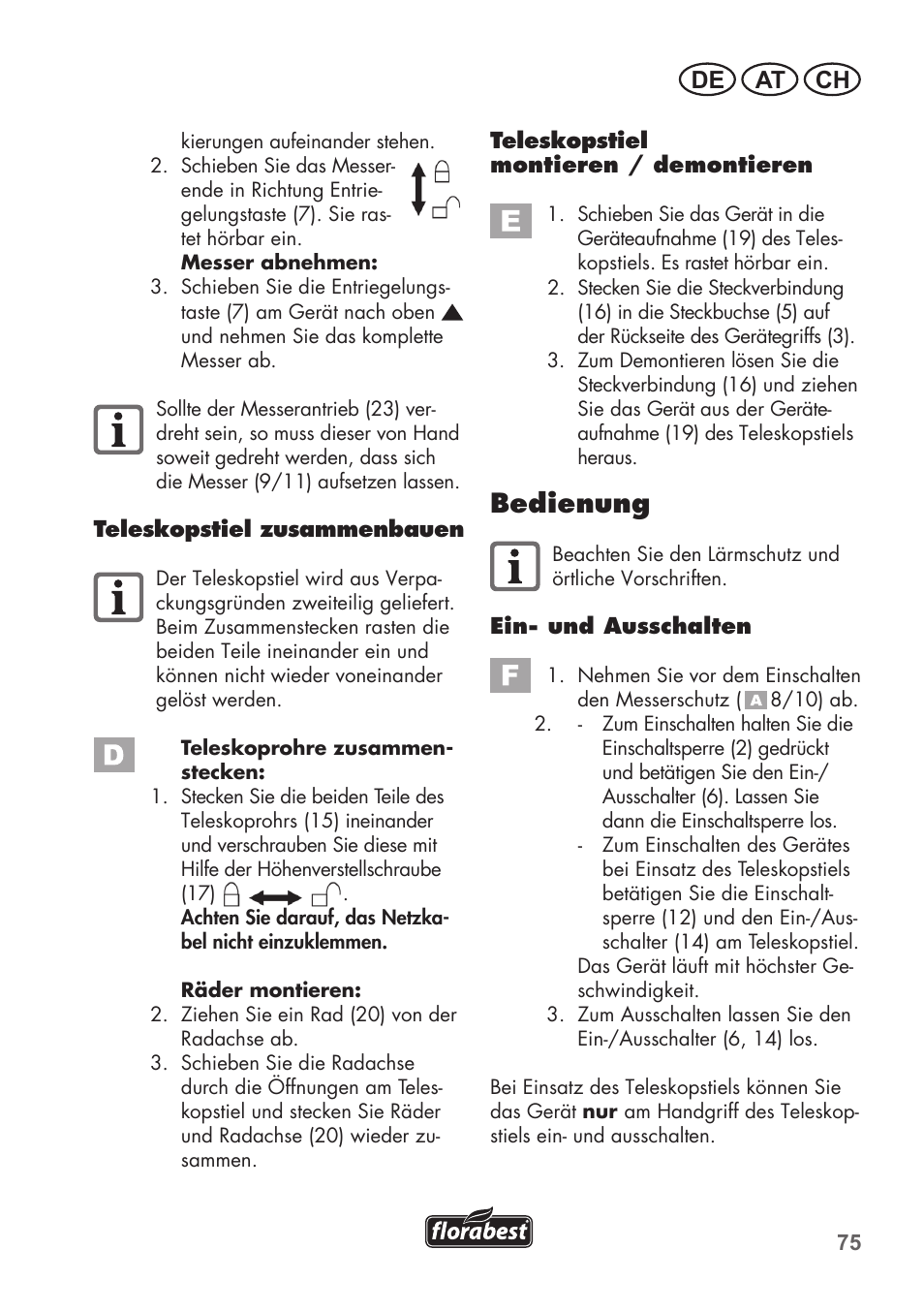 Bedienung, De at ch | Florabest FGS 72 A1 User Manual | Page 75 / 88