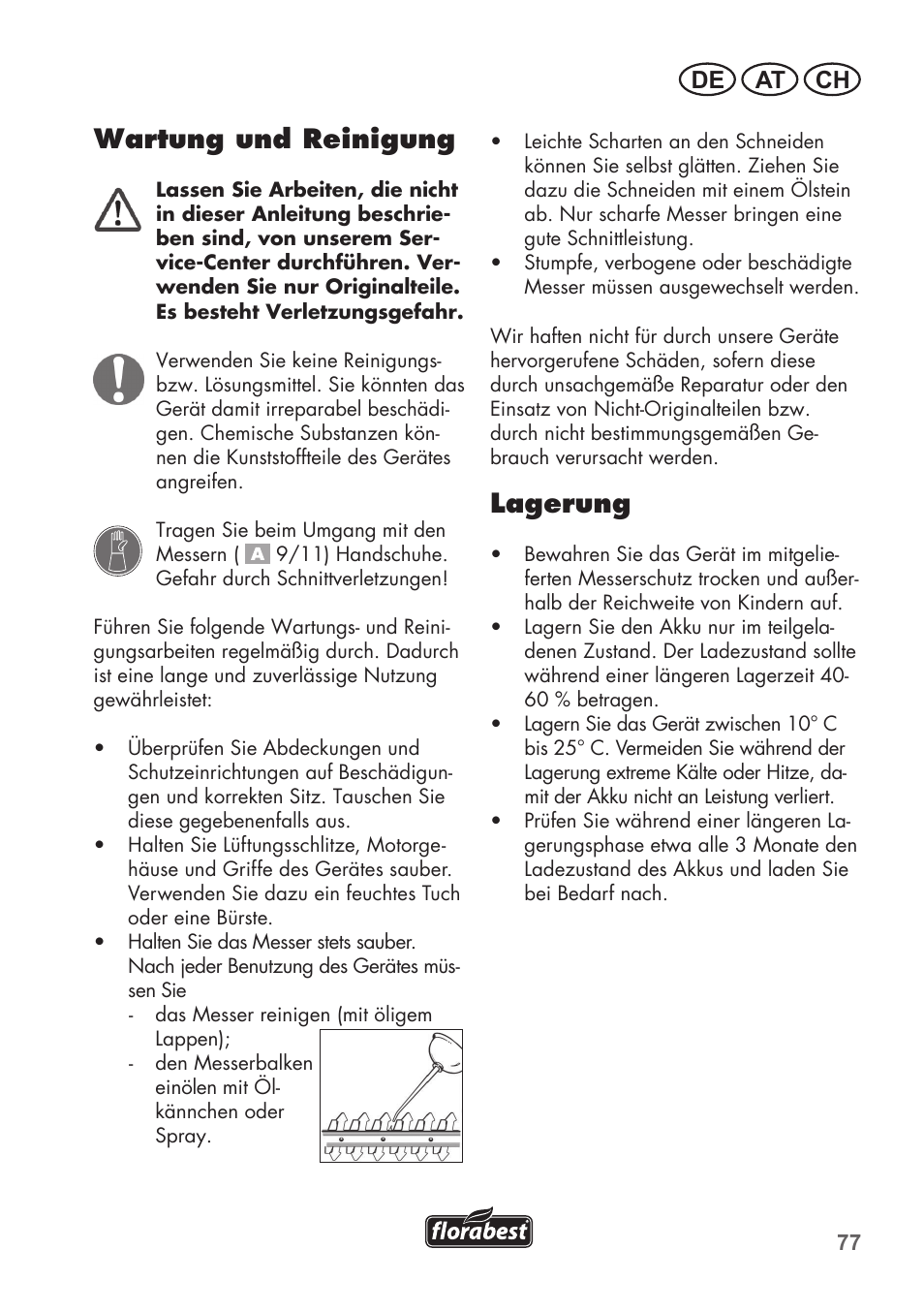 Wartung und reinigung, Lagerung, De at ch | Florabest FGS 72 A1 User Manual | Page 77 / 88