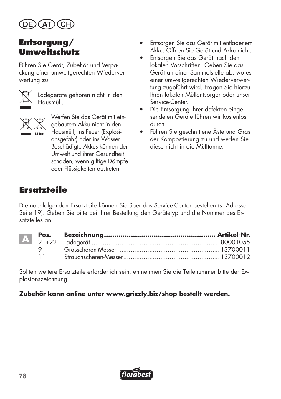 Ersatzteile, Entsorgung/ umweltschutz, De at ch | Florabest FGS 72 A1 User Manual | Page 78 / 88