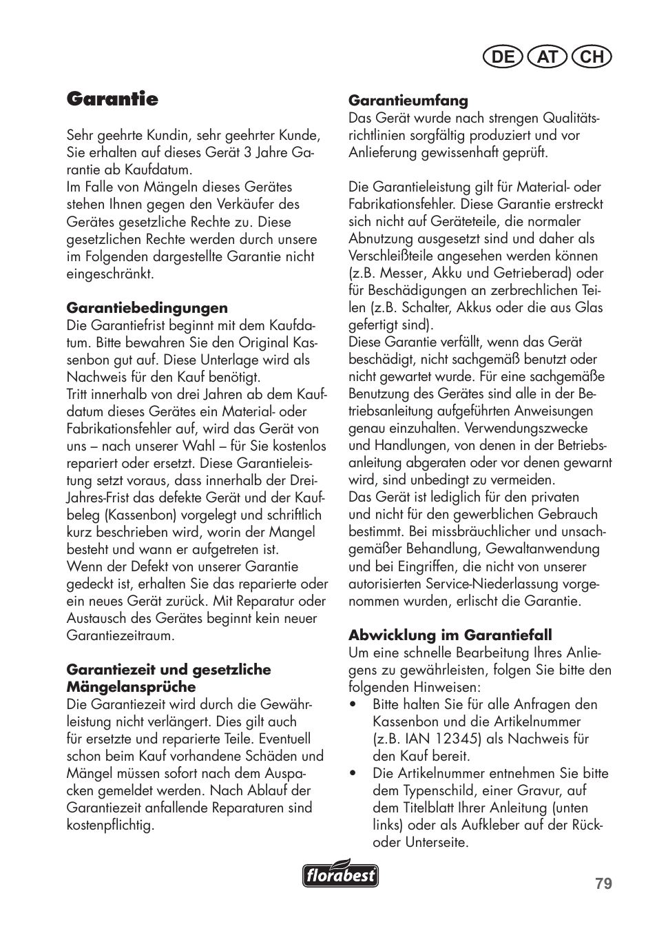 Garantie, De at ch | Florabest FGS 72 A1 User Manual | Page 79 / 88