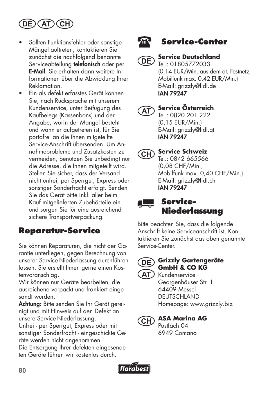 Reparatur-service, Service-center, Service- niederlassung | De at at ch ch, De at ch | Florabest FGS 72 A1 User Manual | Page 80 / 88