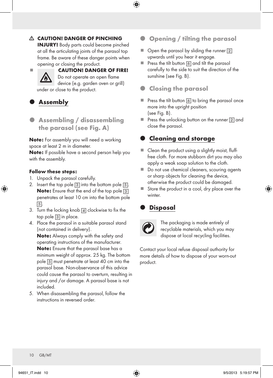 Opening / tilting the parasol, Closing the parasol, Cleaning and storage | Disposal | Florabest Z31736 User Manual | Page 10 / 15