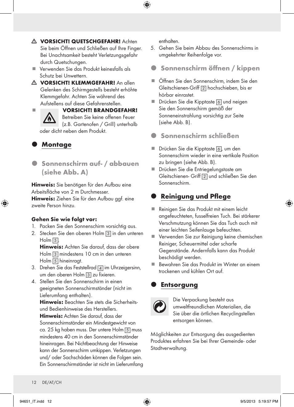 Sonnenschirm öffnen / kippen, Sonnenschirm schließen, Reinigung und pflege | Entsorgung | Florabest Z31736 User Manual | Page 12 / 15