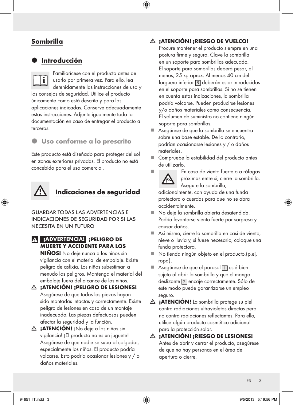 Sombrilla  introducción, Uso conforme a lo prescrito, Indicaciones de seguridad | Florabest Z31736 User Manual | Page 3 / 15