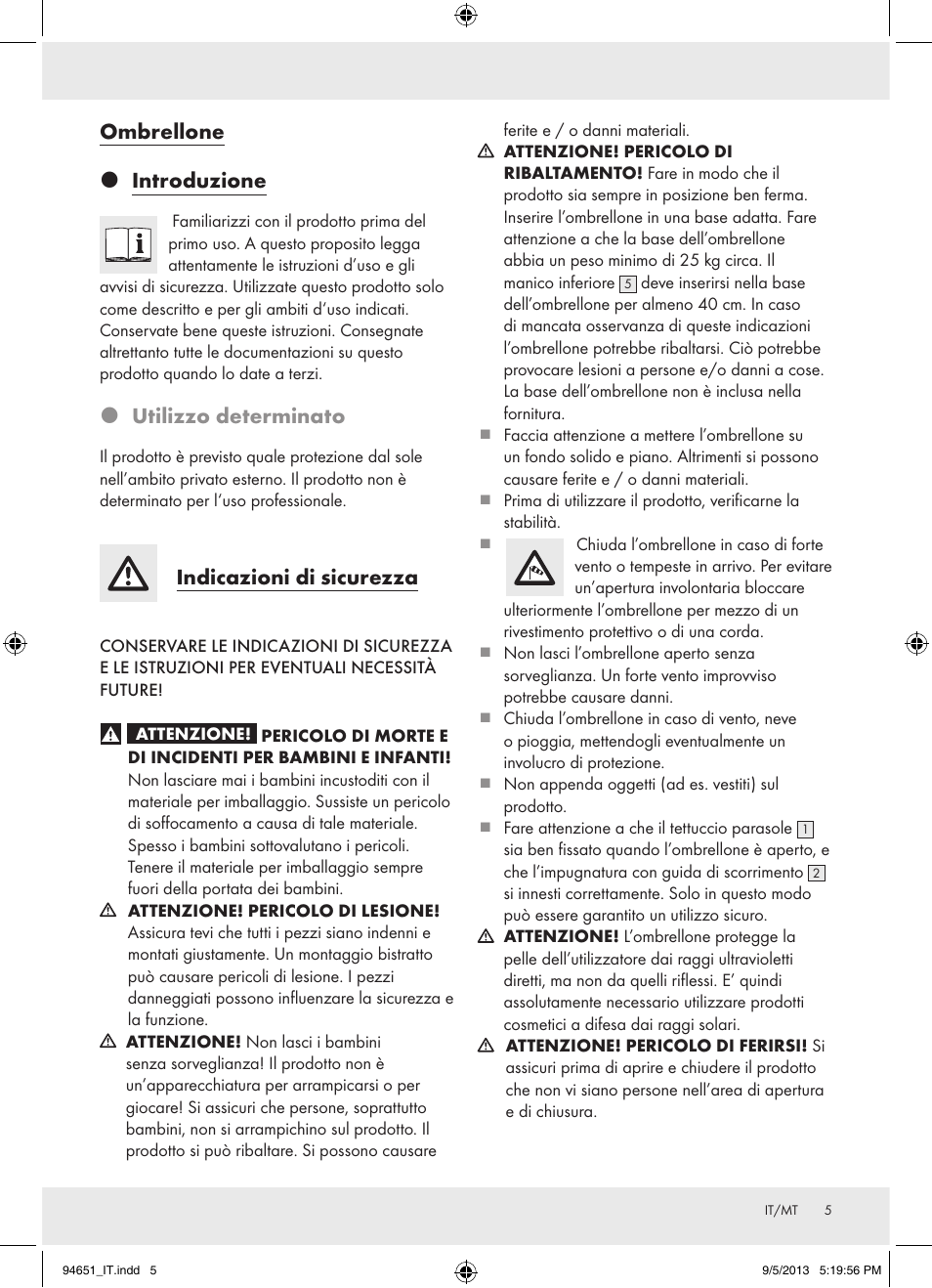 Ombrellone  introduzione, Utilizzo determinato, Indicazioni di sicurezza | Florabest Z31736 User Manual | Page 5 / 15