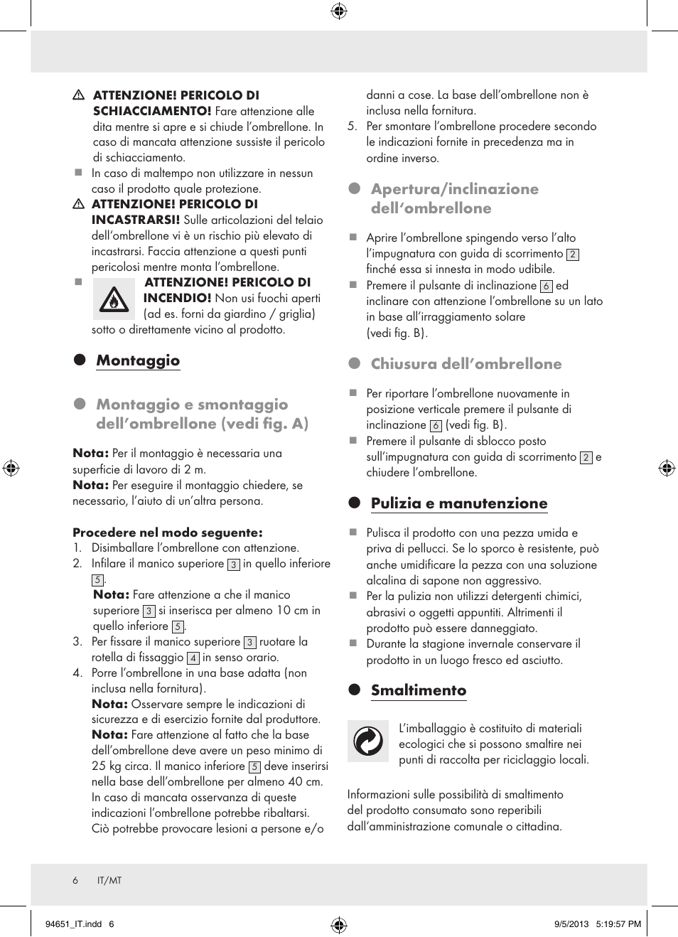 Apertura/inclinazione dell‘ombrellone, Chiusura dell’ombrellone, Pulizia e manutenzione | Smaltimento | Florabest Z31736 User Manual | Page 6 / 15