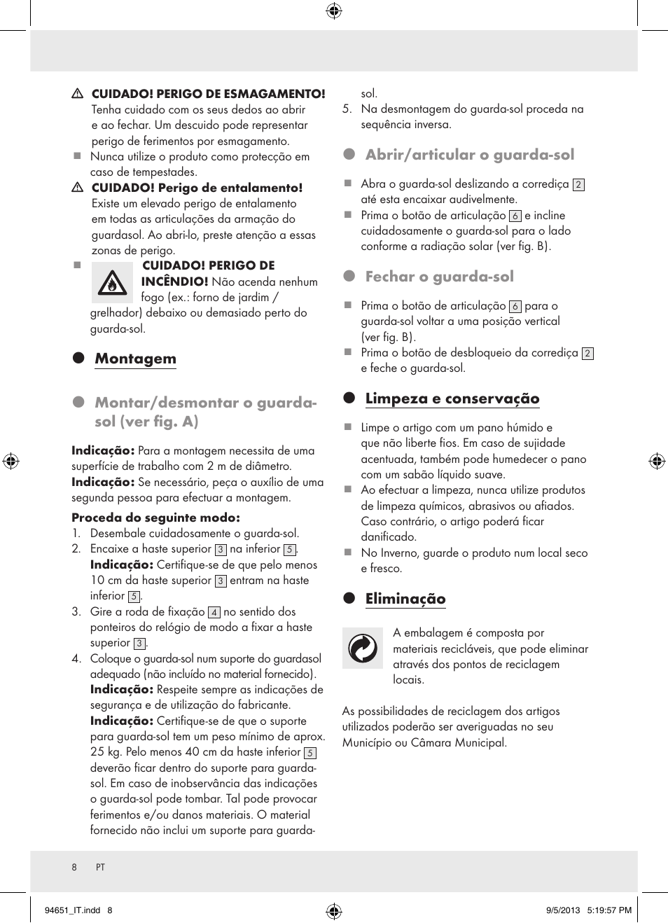 Abrir/articular o guarda-sol, Fechar o guarda-sol, Limpeza e conservação | Eliminação | Florabest Z31736 User Manual | Page 8 / 15