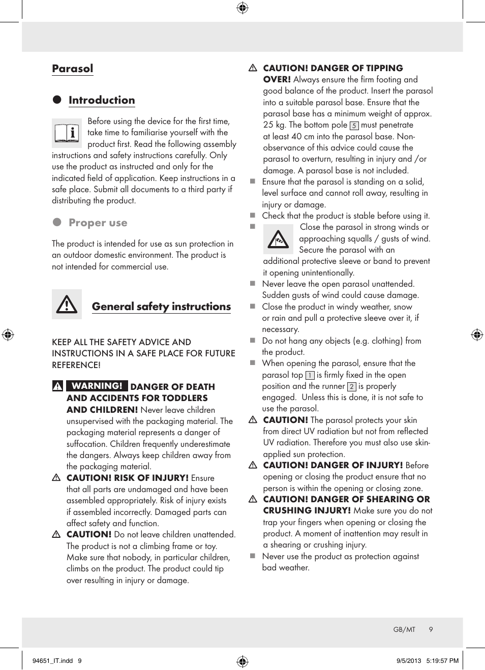 Parasol  introduction, Proper use, General safety instructions | Florabest Z31736 User Manual | Page 9 / 15