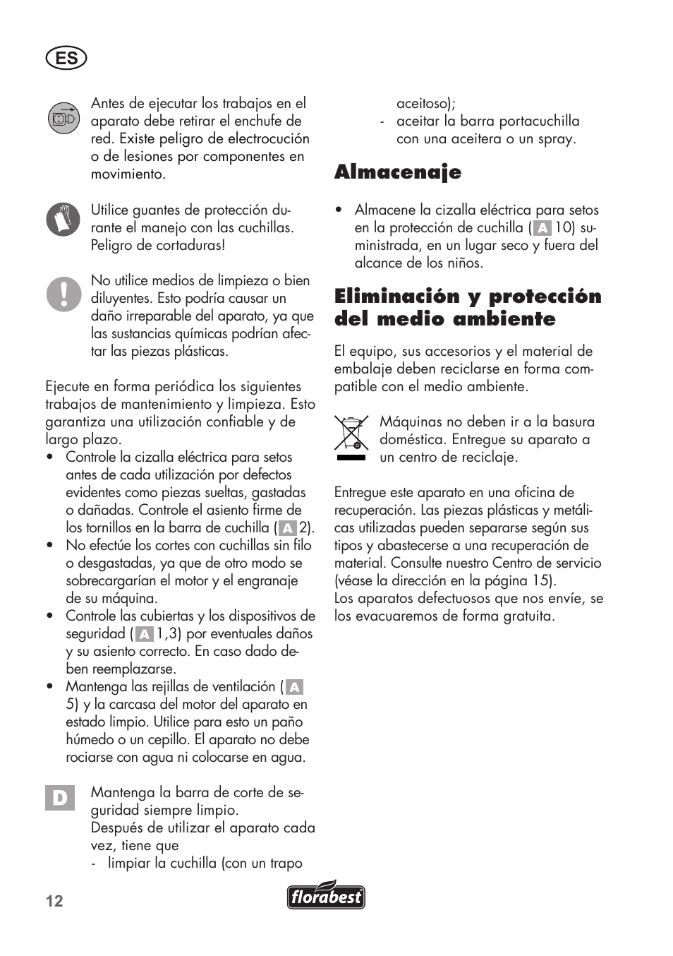Almacenaje, Eliminación y protección del medio ambiente | Florabest FHT 600 B2 User Manual | Page 12 / 54