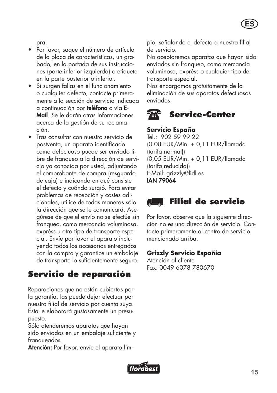 Servicio de reparación, Service-center, Filial de servicio | Florabest FHT 600 B2 User Manual | Page 15 / 54