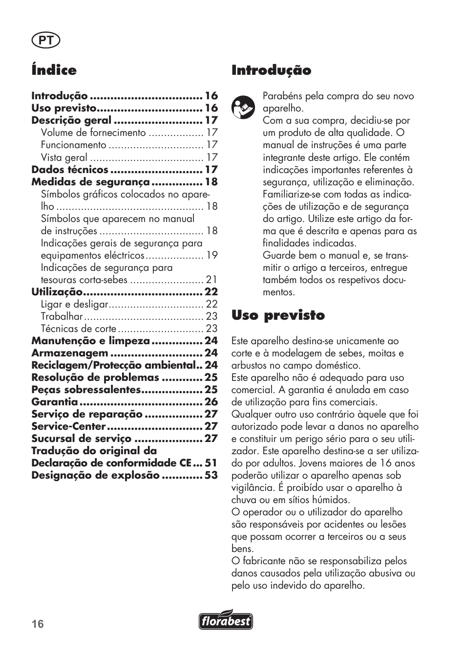Introdução, Uso previsto, Índice | Florabest FHT 600 B2 User Manual | Page 16 / 54