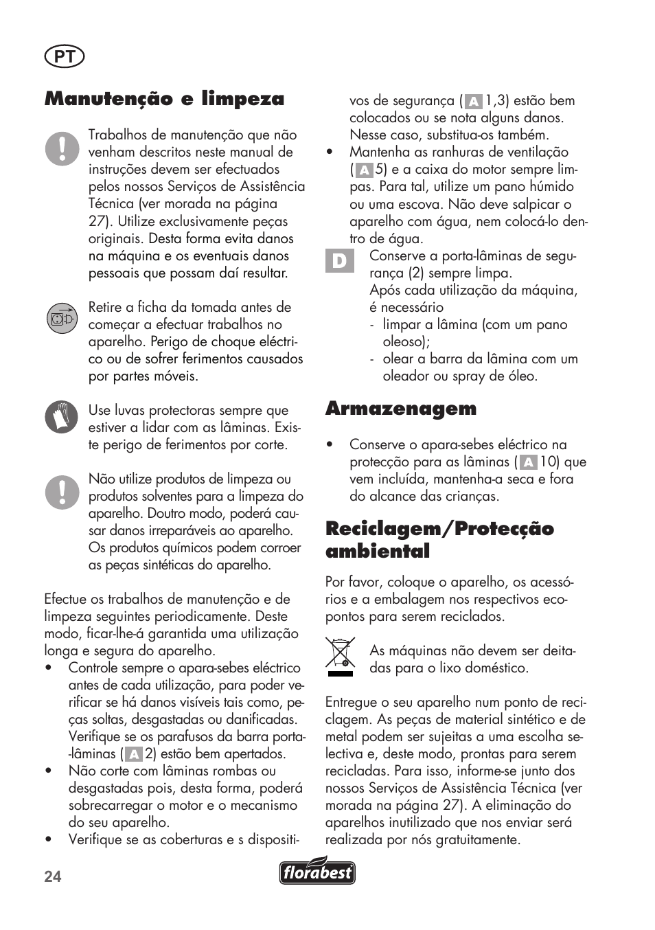 Manutenção e limpeza, Armazenagem, Reciclagem/protecção ambiental | Florabest FHT 600 B2 User Manual | Page 24 / 54