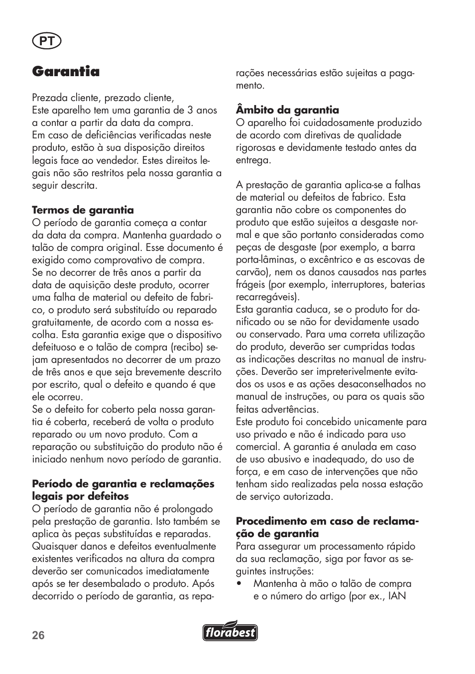 Garantia | Florabest FHT 600 B2 User Manual | Page 26 / 54